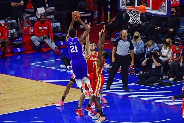 Joel Embiid of the Philadelphia 76ers against the Portland Trail Blazers against the Atlanta Hawks in game 5 of the conference semifinals on June 16,...