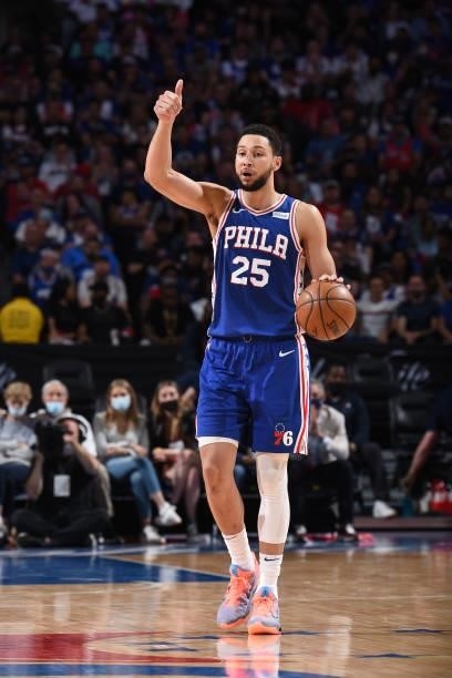 Ben Simmons of the Philadelphia 76ers handles the ball against the Atlanta Hawks during Round 2, Game 5 of the Eastern Conference Playoffs on June...