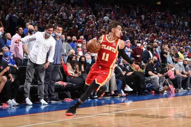 Trae Young of the Atlanta Hawks handles the ball against the Philadelphia 76ers during Round 2, Game 5 of the Eastern Conference Playoffs on June 16,...
