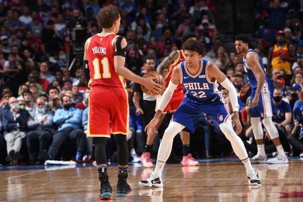 Matisse Thybulle of the Philadelphia 76ers plays defense against Trae Young of the Atlanta Hawks during Round 2, Game 5 of the Eastern Conference...