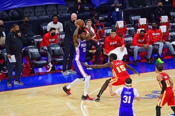 Joel Embiid of the Philadelphia 76ers looks to pass against the Atlanta Hawks in game 5 of the conference semifinals on June 16, 2021 at Wells Fargo...