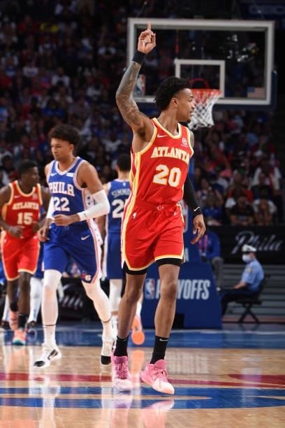 John Collins of the Atlanta Hawks reacts during a game against the Philadelphia 76ers during Round 2, Game 5 of the Eastern Conference Playoffs on...