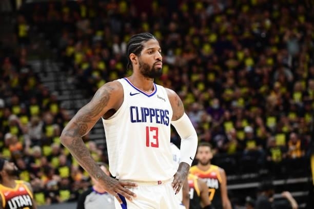 Paul George of the LA Clippers looks on during the game against the Utah Jazz during Round 2, Game 5 of the 2021 NBA Playoffs on June 16, 2021 at...