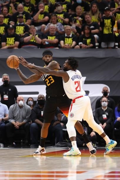 Patrick Beverley of the LA Clippers plays defense on Royce O'Neale of the Utah Jazz during Round 2, Game 5 of the 2021 NBA Playoffs on June 16 1,...