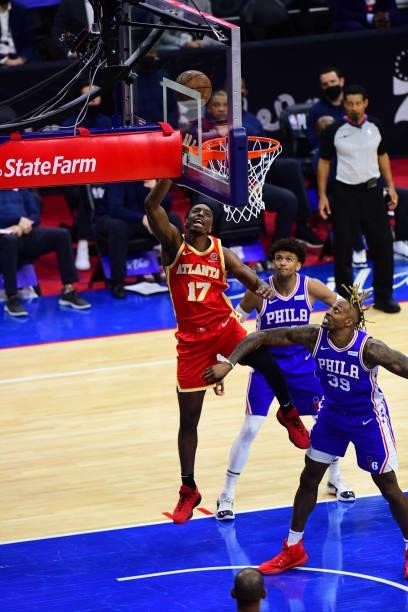 Onyeka Okongwu of the Atlanta Hawks shoots the ball against the Philadelphia 76ers in game 5 of the conference semifinals on June 16, 2021 at Wells...
