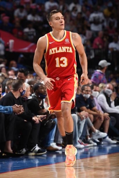 Bogdan Bogdanovic of the Atlanta Hawks runs on during a game against the Philadelphia 76ers during Round 2, Game 5 of the Eastern Conference Playoffs...