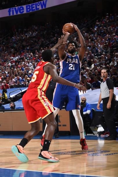 Joel Embiid of the Philadelphia 76ers shoots the ball against the Atlanta Hawks during Round 2, Game 5 of the Eastern Conference Playoffs on June 16,...