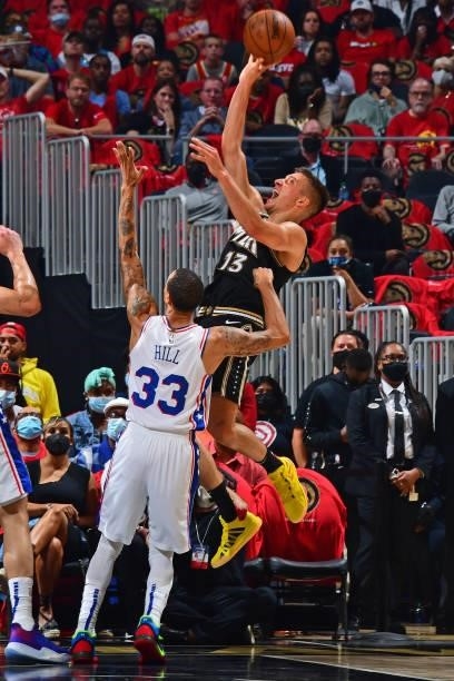 Bogdan Bogdanovic of the Atlanta Hawks shoots the ball against the Philadelphia 76ers during Round 2, Game 4 of the 2021 NBA Playoffs on June 14,...
