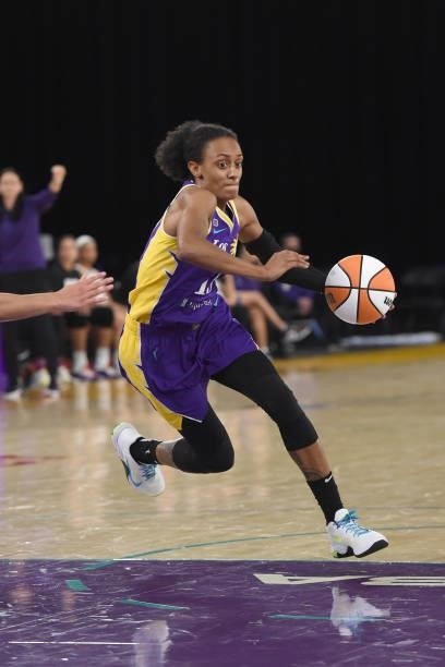 Brittney Sykes of the Los Angeles Sparks handles the ball against the Phoenix Mercury on June 16, 2021 at Los Angeles Convention Center in Los...