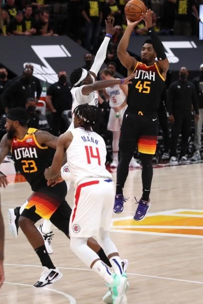 Donovan Mitchell of the Utah Jazz shoots a three-pointer during the game against the LA Clippers during Round 2, Game 5 of the 2021 NBA Playoffs on...