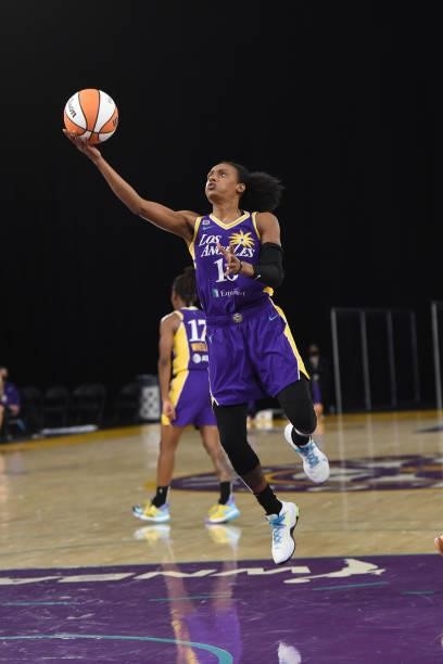 Brittney Sykes of the Los Angeles Sparks drives to the basket against the Phoenix Mercury on June 16, 2021 at Los Angeles Convention Center in Los...