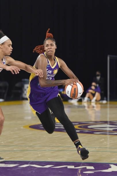 Bria Holmes of the Los Angeles Sparks handles the ball against the Phoenix Mercury on June 16, 2021 at Los Angeles Convention Center in Los Angeles,...