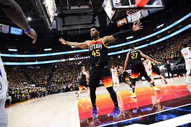 Donovan Mitchell of the Utah Jazz plays defense during the game against the LA Clippers during Round 2, Game 5 of the 2021 NBA Playoffs on June 16,...