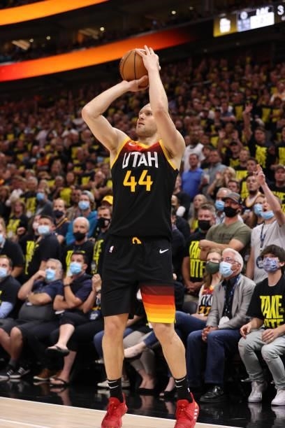 Bojan Bogdanovic of the Utah Jazz shoots a three point basket against the LA Clippers during Round 2, Game 5 of the 2021 NBA Playoffs on June 16 1,...