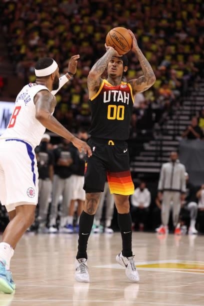 Jordan Clarkson of the Utah Jazz shoots a three point basket against the LA Clippers during Round 2, Game 5 of the 2021 NBA Playoffs on June 16 1,...