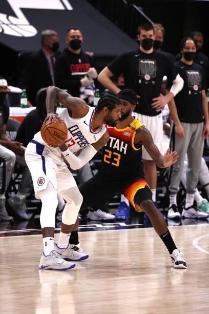Paul George of the LA Clippers handles the ball during the game against the Utah Jazz during Round 2, Game 5 of the 2021 NBA Playoffs on June 16,...