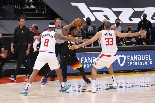 Donovan Mitchell of the Utah Jazz looks to pass the ball during the game against the LA Clippers during Round 2, Game 5 of the 2021 NBA Playoffs on...
