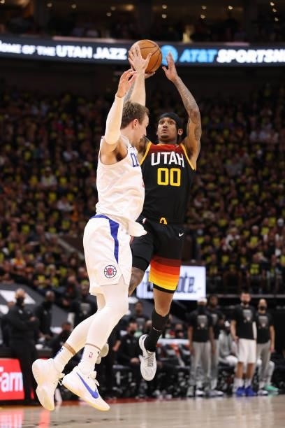 Jordan Clarkson of the Utah Jazz shoots the ball against the LA Clippers during Round 2, Game 5 of the 2021 NBA Playoffs on June 16 1, 2021 at...