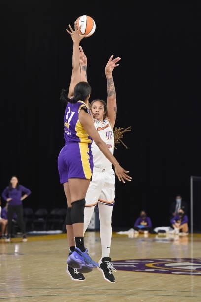 Brittney Griner of the Phoenix Mercury shoots the ball against the Los Angeles Sparks on June 16, 2021 at Los Angeles Convention Center in Los...