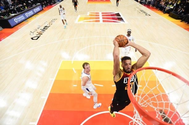 Rudy Gobert of the Utah Jazz dunks the ball during the game against the LA Clippers during Round 2, Game 5 of the 2021 NBA Playoffs on June 16, 2021...