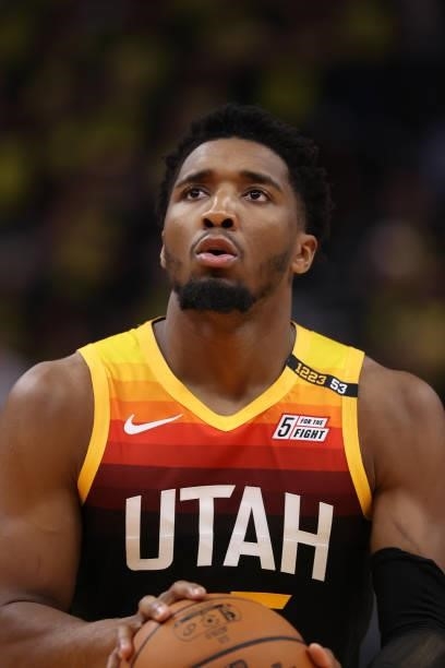 Donovan Mitchell of the Utah Jazz shoots a free throw against the LA Clippers during Round 2, Game 5 of the 2021 NBA Playoffs on June 16 1, 2021 at...