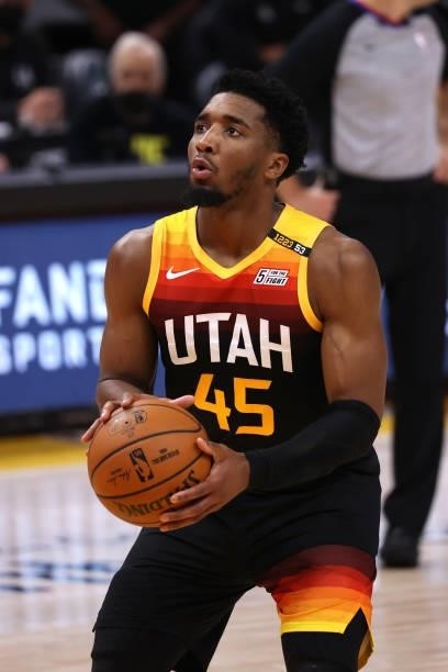 Donovan Mitchell of the Utah Jazz looks on during the game against the LA Clippers during Round 2, Game 5 of the 2021 NBA Playoffs on June 16, 2021...