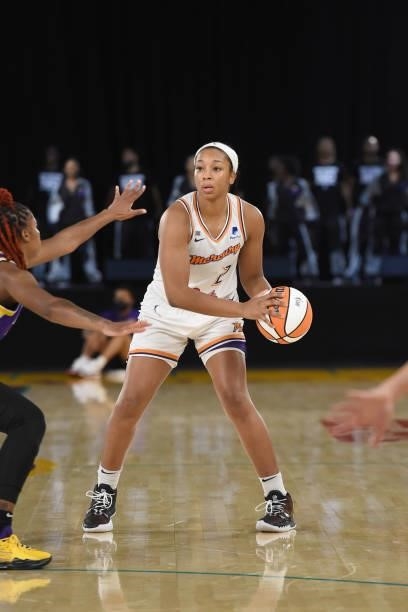 Megan Walker of the Phoenix Mercury handles the ball against the Los Angeles Sparks on June 16, 2021 at Los Angeles Convention Center in Los Angeles,...