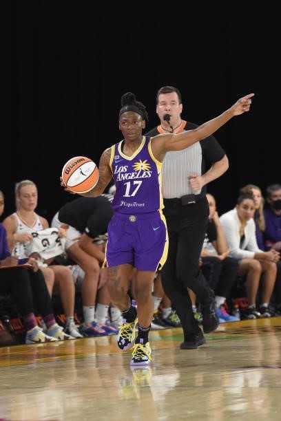 Erica Wheeler of the Los Angeles Sparks handles the ball against the Phoenix Mercury on June 16, 2021 at Los Angeles Convention Center in Los...