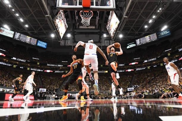 Joe Ingles of the Utah Jazz drives to the basket during the game against the LA Clippers during Round 2, Game 5 of the 2021 NBA Playoffs on June 16,...