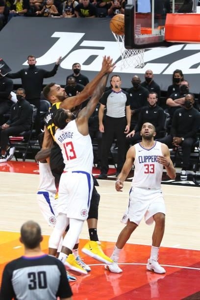 Rudy Gobert of the Utah Jazz shoots the ball during the game against the LA Clippers during Round 2, Game 5 of the 2021 NBA Playoffs on June 16, 2021...