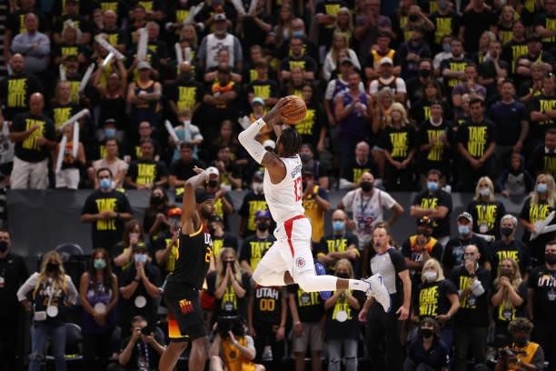 Paul George of the LA Clippers shoots the ball against the Utah Jazz during Round 2, Game 5 of the 2021 NBA Playoffs on June 16 1, 2021 at...