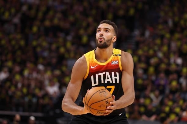 Rudy Gobert of the Utah Jazz shoots a free throw against the LA Clippers during Round 2, Game 5 of the 2021 NBA Playoffs on June 16 1, 2021 at...