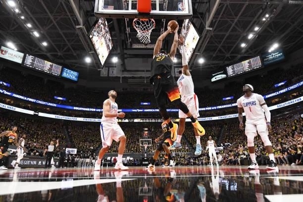 Rudy Gobert of the Utah Jazz drives to the basket during the game against the LA Clippers during Round 2, Game 5 of the 2021 NBA Playoffs on June 16,...