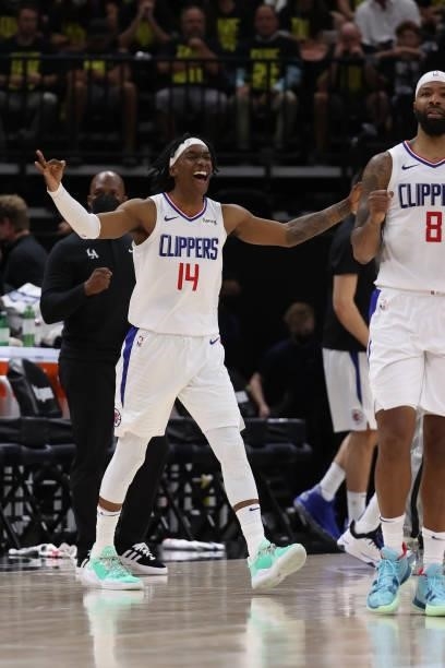 Terance Mann of the LA Clippers celebrates during Round 2, Game 5 of the 2021 NBA Playoffs on June 16 1, 2021 at vivint.SmartHome Arena in Salt Lake...