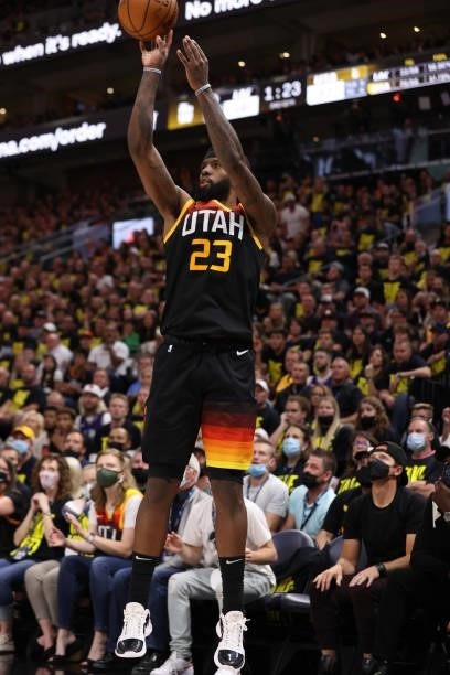 Royce O'Neale of the Utah Jazz shoots a three point basket against the LA Clippers during Round 2, Game 5 of the 2021 NBA Playoffs on June 16 1, 2021...