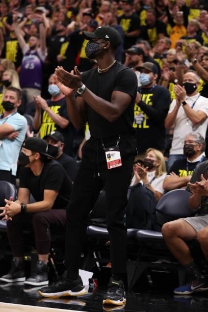 Minority Owner, Dwyane Wade of the Utah Jazz celebtates against the LA Clippers during Round 2, Game 5 of the 2021 NBA Playoffs on June 16 1, 2021 at...