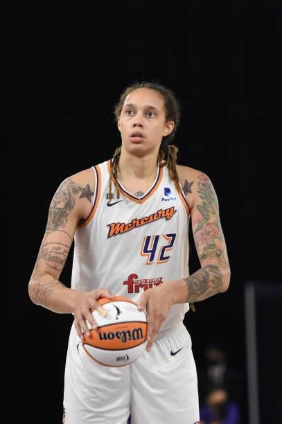 Brittney Griner of the Phoenix Mercury looks to shoot a free throw against the Los Angeles Sparks on June 16, 2021 at Los Angeles Convention Center...