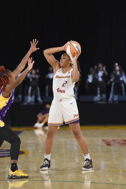 Megan Walker of the Phoenix Mercury handles the ball against the Los Angeles Sparks on June 16, 2021 at Los Angeles Convention Center in Los Angeles,...