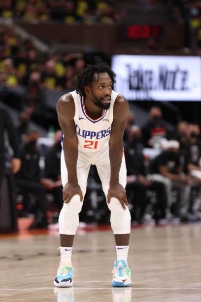 Patrick Beverley of the LA Clippers looks on against the Utah Jazz during Round 2, Game 5 of the 2021 NBA Playoffs on June 16 1, 2021 at...