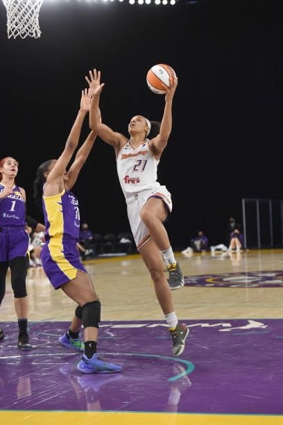 Brianna Turner of the Phoenix Mercury drives to the basket against the Los Angeles Sparks on June 16, 2021 at Los Angeles Convention Center in Los...