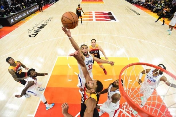 Nicolas Batum of the LA Clippers rebounds the ball during the game against the Utah Jazz during Round 2, Game 5 of the 2021 NBA Playoffs on June 16,...