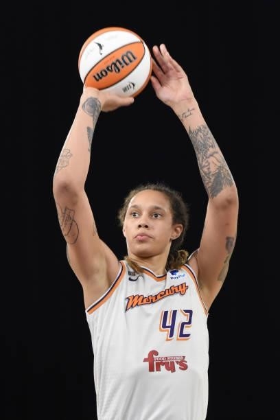Brittney Griner of the Phoenix Mercury shoots a free throw against the Los Angeles Sparks on June 16, 2021 at Los Angeles Convention Center in Los...