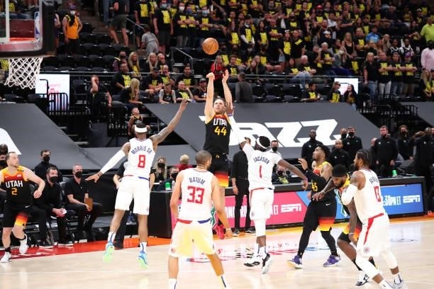 Bojan Bogdanovic of the Utah Jazz shoots a three-pointer during the game against the LA Clippers during Round 2, Game 5 of the 2021 NBA Playoffs on...