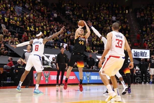 Bojan Bogdanovic of the Utah Jazz shoots a three point basket against the LA Clippers during Round 2, Game 5 of the 2021 NBA Playoffs on June 16 1,...