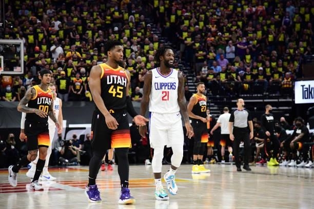 Patrick Beverley of the LA Clippers smiles during the game against the Utah Jazz during Round 2, Game 5 of the 2021 NBA Playoffs on June 16, 2021 at...
