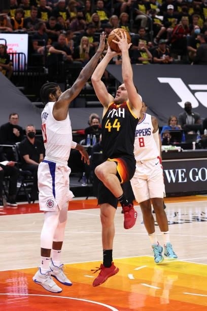 Bojan Bogdanovic of the Utah Jazz shoots the ball during the game against the LA Clippers during Round 2, Game 5 of the 2021 NBA Playoffs on June 16,...