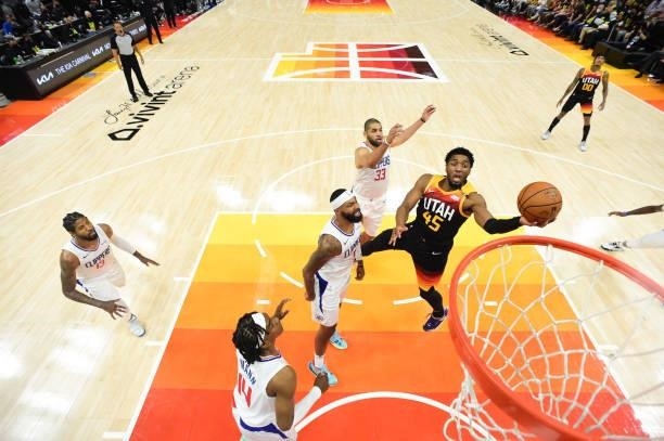 Donovan Mitchell of the Utah Jazz drives to the basket during the game against the LA Clippers during Round 2, Game 5 of the 2021 NBA Playoffs on...