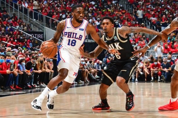 Shake Milton of the Philadelphia 76ers drives to the basket against the Atlanta Hawks during Round 2, Game 4 of the 2021 NBA Playoffs on June 14,...