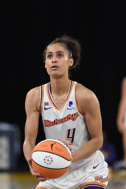 Skylar Diggins-Smith of the Phoenix Mercury looks to shoot a free throw against the Los Angeles Sparks on June 16, 2021 at Los Angeles Convention...