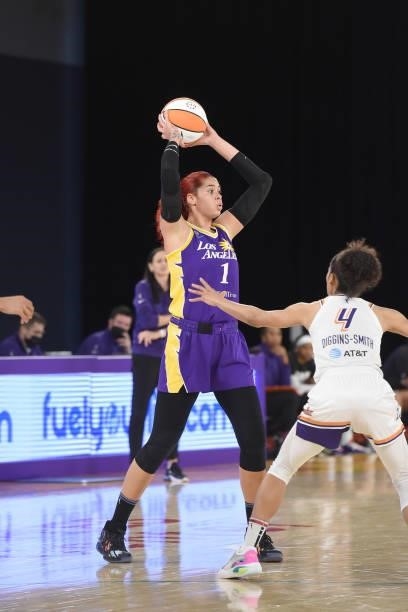 Amanda Zahui B of the Los Angeles Sparks handles the ball against the Phoenix Mercury on June 16, 2021 at Los Angeles Convention Center in Los...